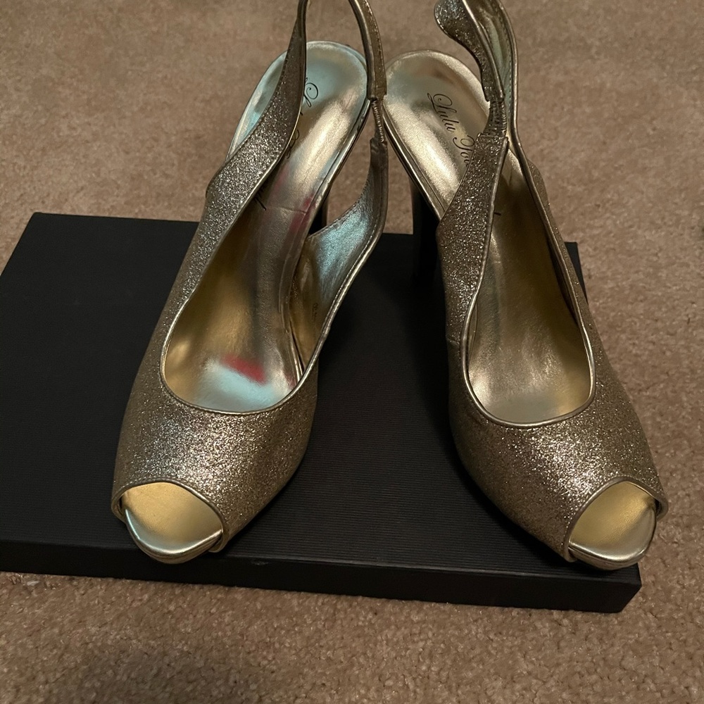 Gold detail open toe heels